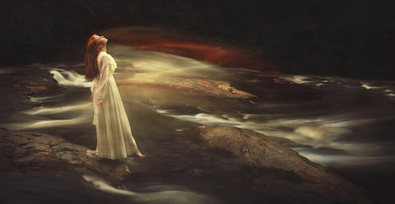 Woman in White Dress — Dramatic, Digital Art, River