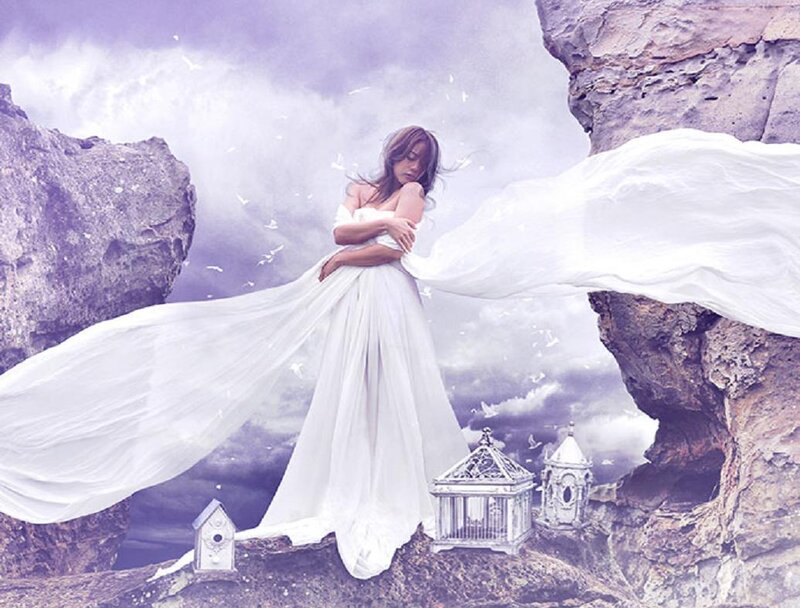 Woman in White Dress — Dramatic, Digital Art, Rocks, Birds