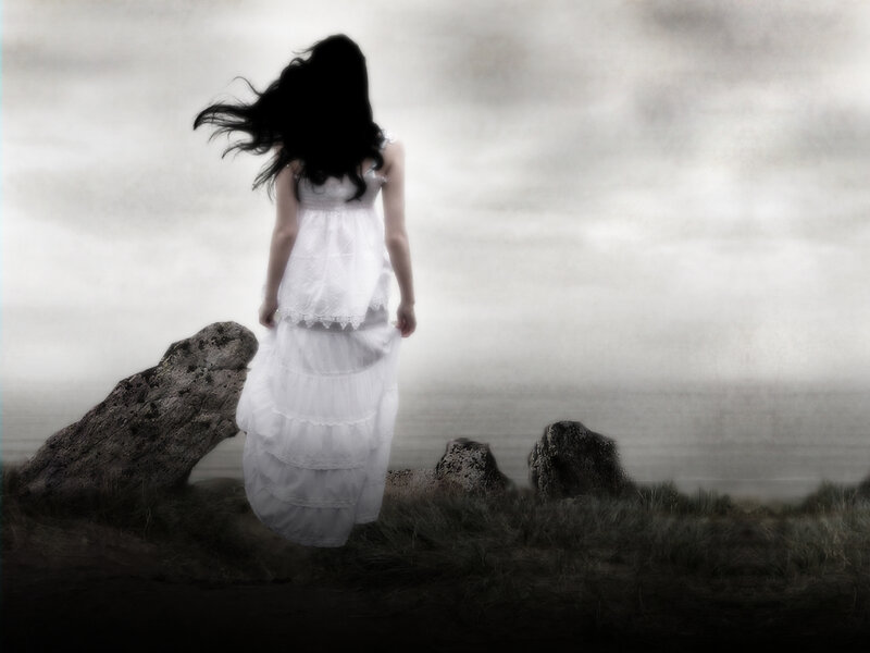 Woman in White Dress — Dramatic, Digital Art, Rocks, Sea