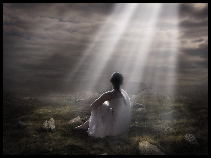 Woman in White Dress — Dramatic, Digital Art, Rocks