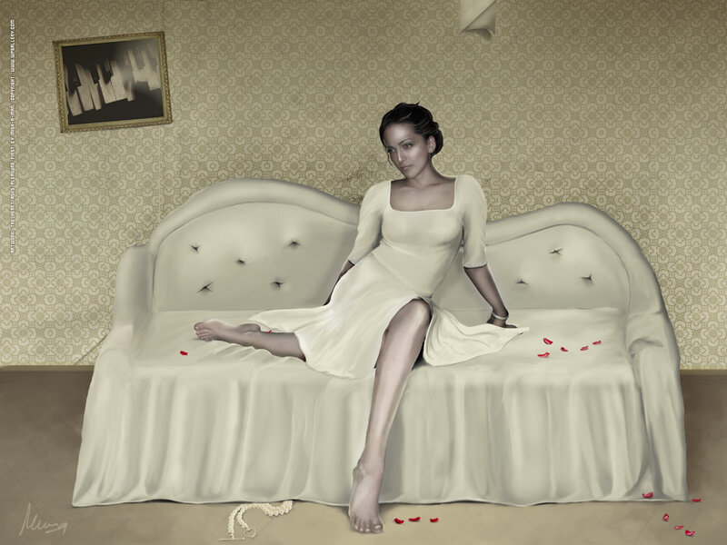 Woman in White Dress — Dramatic, Digital Art, Sofa