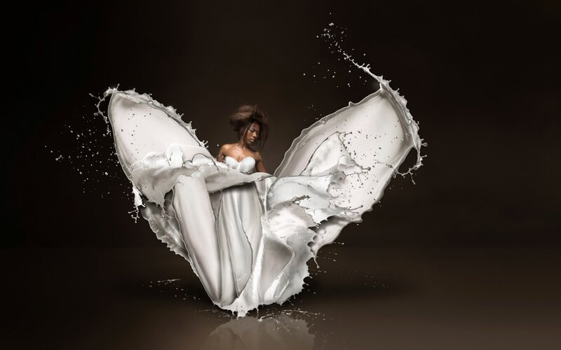 Woman in White Dress — Dramatic, Digital Art, Splashing Liquid, Dark Background
