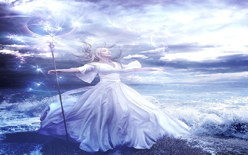 Woman in White Dress — Dramatic, Digital Art, Staff, Ocean