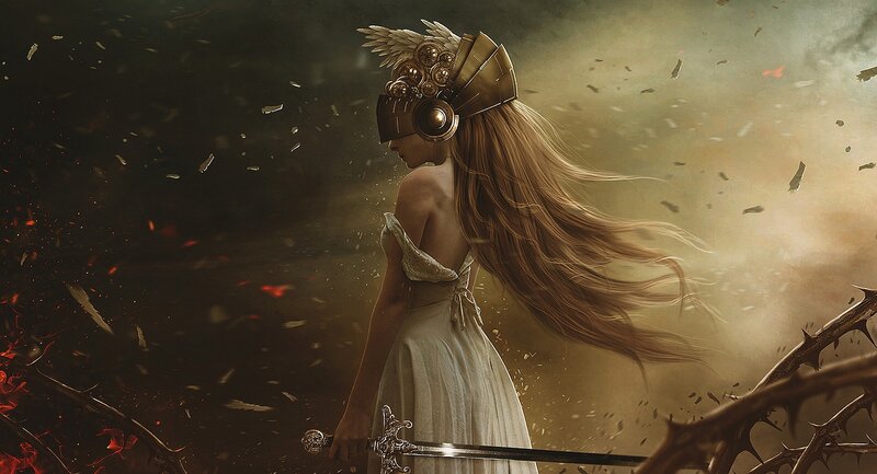 Woman in White Dress — Dramatic, Digital Art, Sword, Helmet