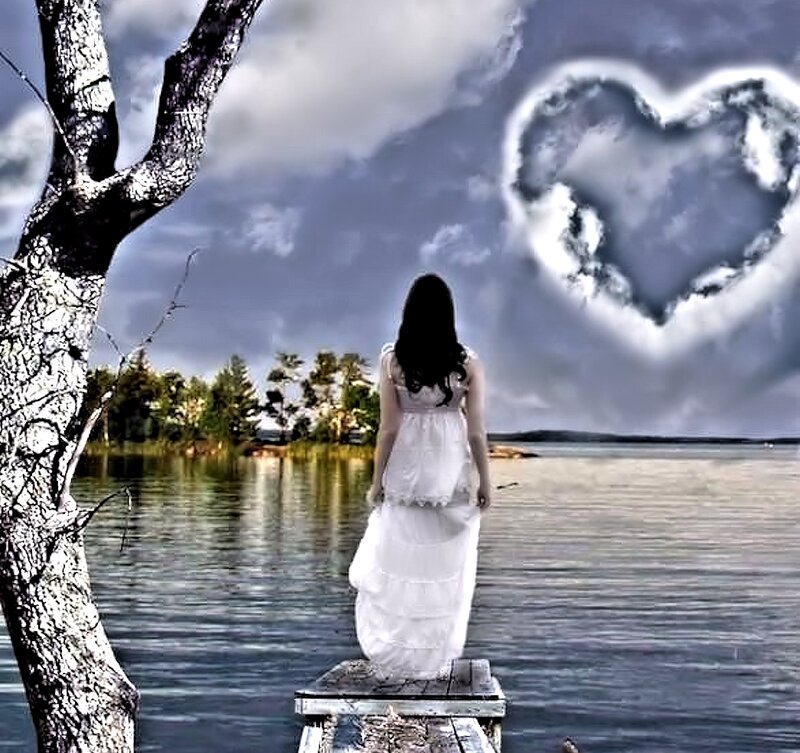 Woman in White Dress — Dramatic, Digital Art, Tree, Dock