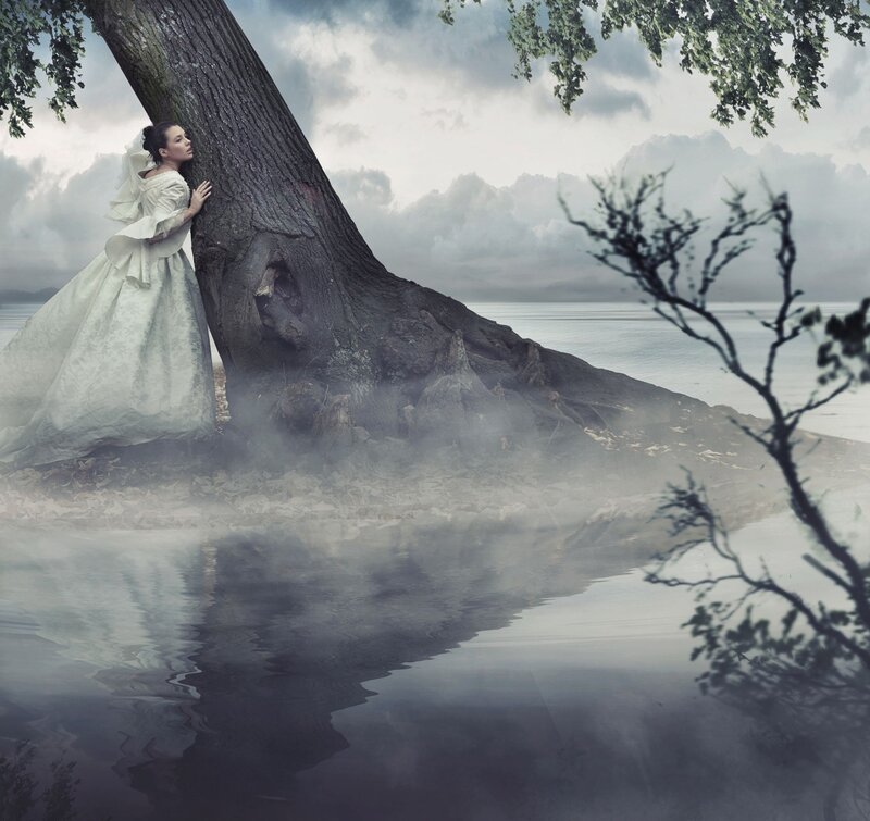 Woman in White Dress — Dramatic, Digital Art, Tree