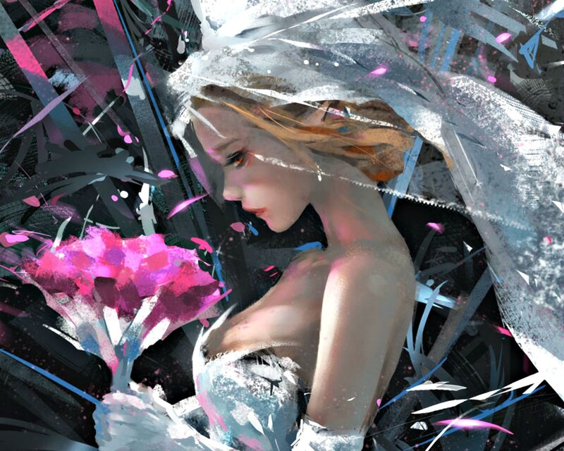 Woman in White Dress — Dramatic, Digital Art, Veil, Flowers
