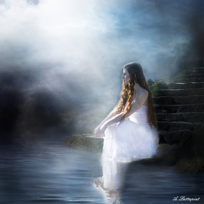 Woman in White Dress — Dramatic, Digital Art, Water, Stairs
