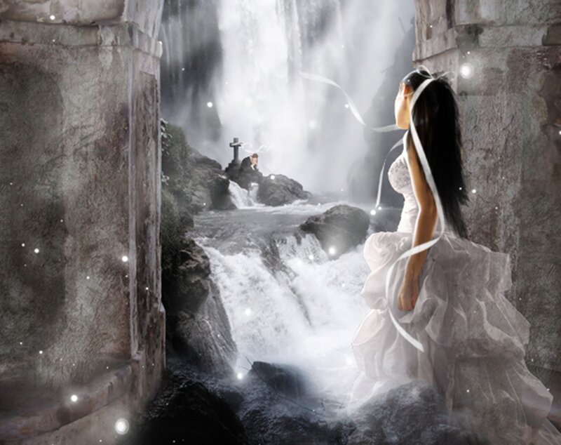 Woman in White Dress — Dramatic, Digital Art, Waterfall
