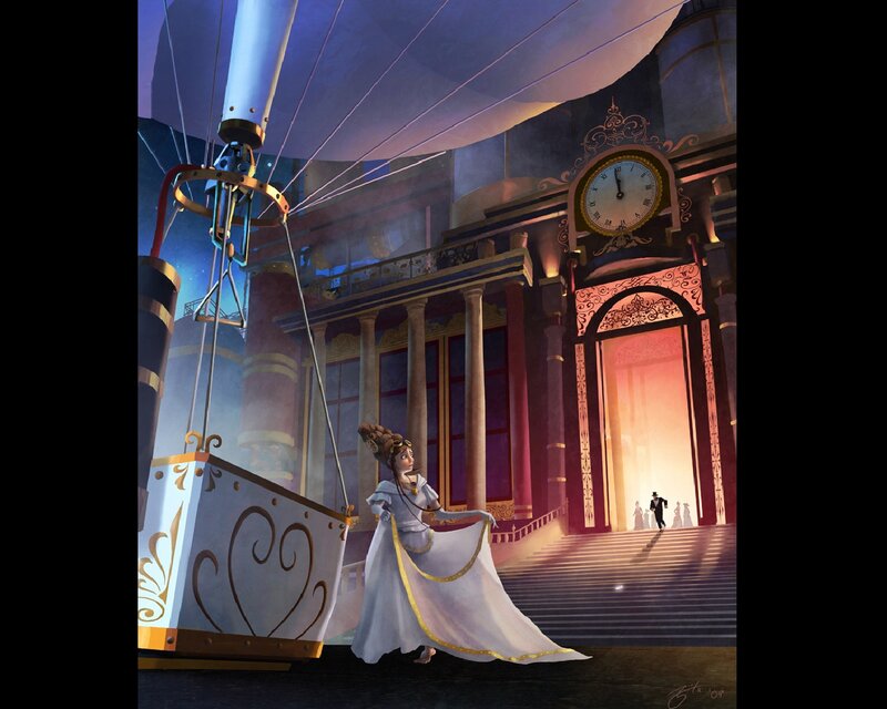 Woman in White Dress — Dramatic, Night, Digital Art, Airship
