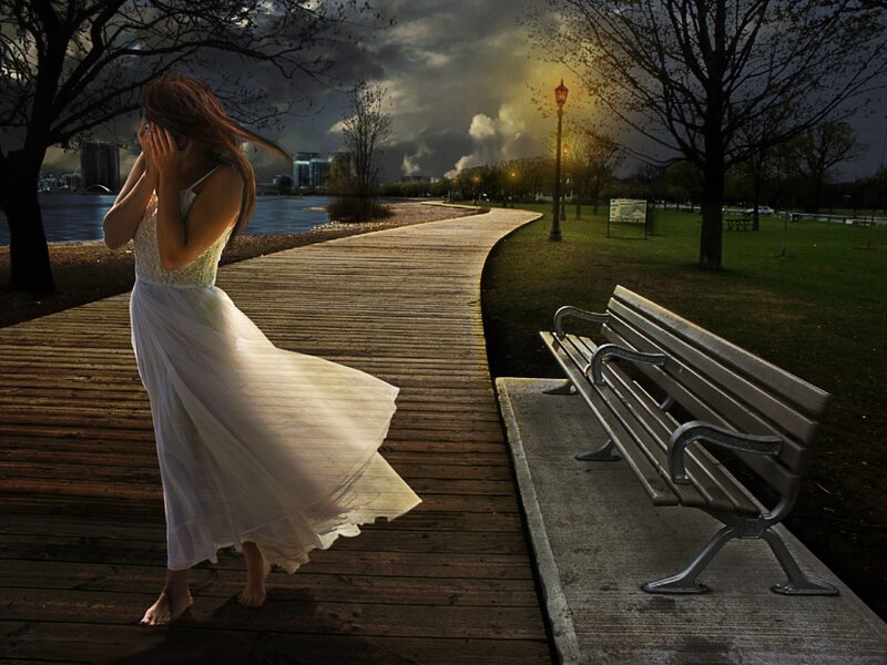 Woman in White Dress — Dramatic, Night, Digital Art, Bench, Boardwalk
