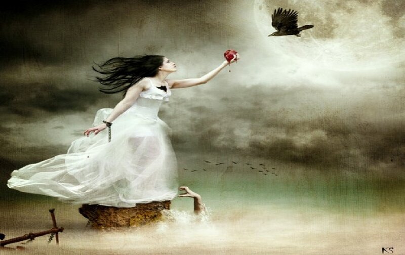 Woman in White Dress — Dramatic, Night, Digital Art, Bird, Apple