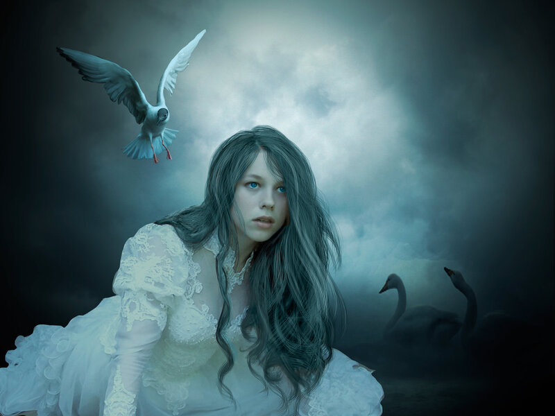 Woman in White Dress — Dramatic, Night, Digital Art, Bird, Swans