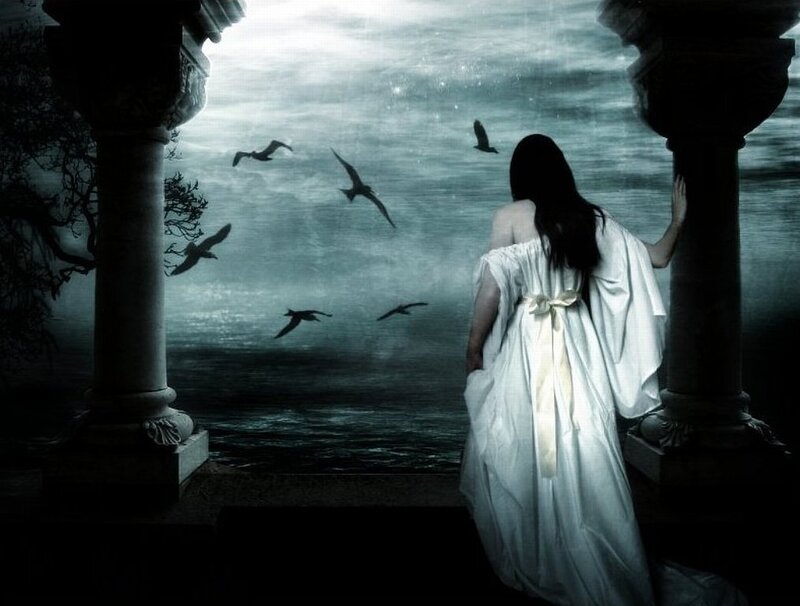 Woman in White Dress — Dramatic, Night, Digital Art, Birds