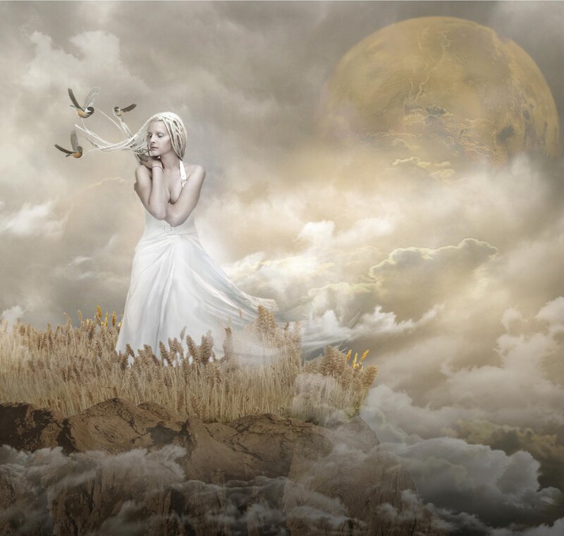Woman in White Dress — Dramatic, Night, Digital Art, Birds, Wheat