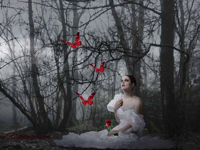 Woman in White Dress — Dramatic, Night, Digital Art, Butterflies
