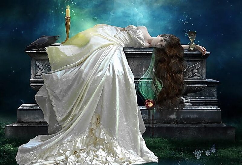 Woman in White Dress — Dramatic, Night, Digital Art, Candle, Crow