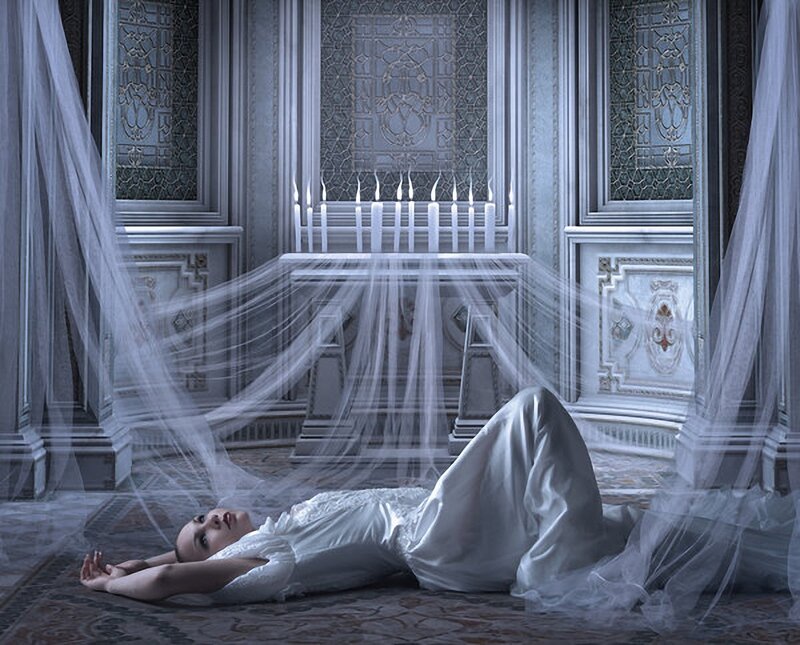 Woman in White Dress — Dramatic, Night, Digital Art, Candles, Veil, Carpet