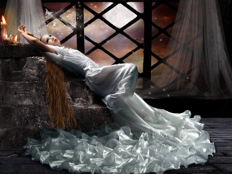 Woman in White Dress — Dramatic, Night, Digital Art, Candles, Window