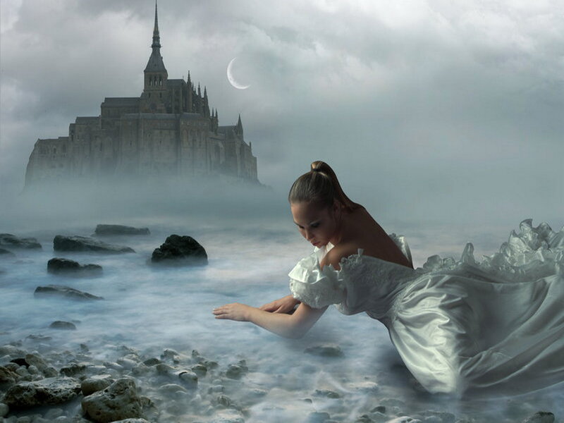 Woman in White Dress — Dramatic, Night, Digital Art, Castle, Moon