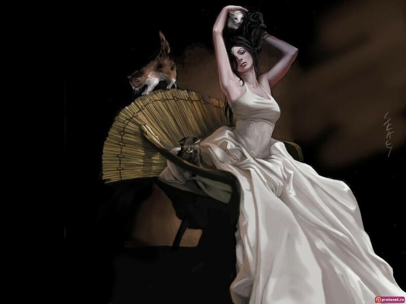 Woman in White Dress — Dramatic, Night, Digital Art, Cat, Fan