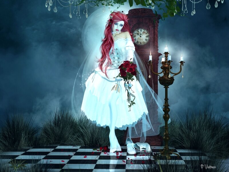 Woman in White Dress — Dramatic, Night, Digital Art, Clock