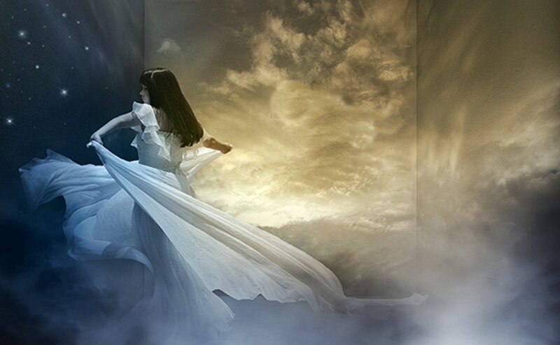Woman in White Dress — Dramatic, Night, Digital Art, Clouds