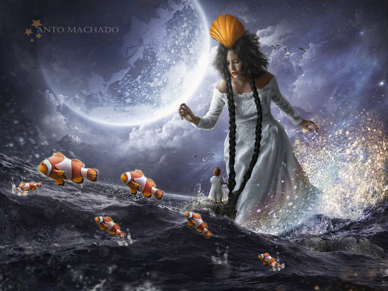 Woman in White Dress — Dramatic, Night, Digital Art, Clownfish