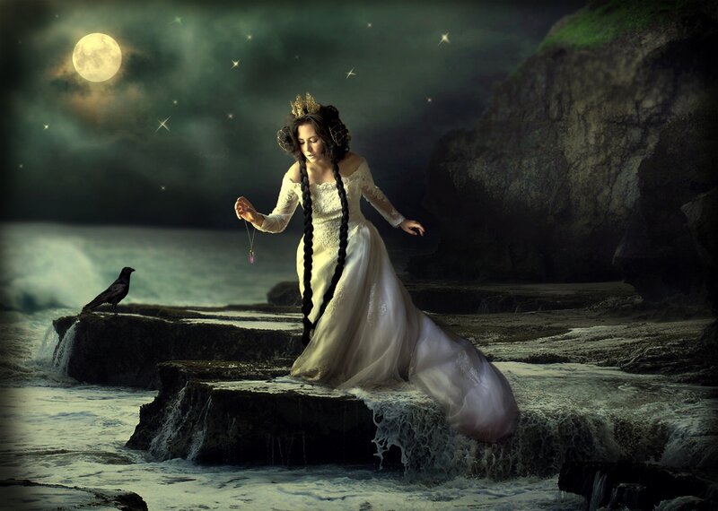 Woman in White Dress — Dramatic, Night, Digital Art, Crow, Moon