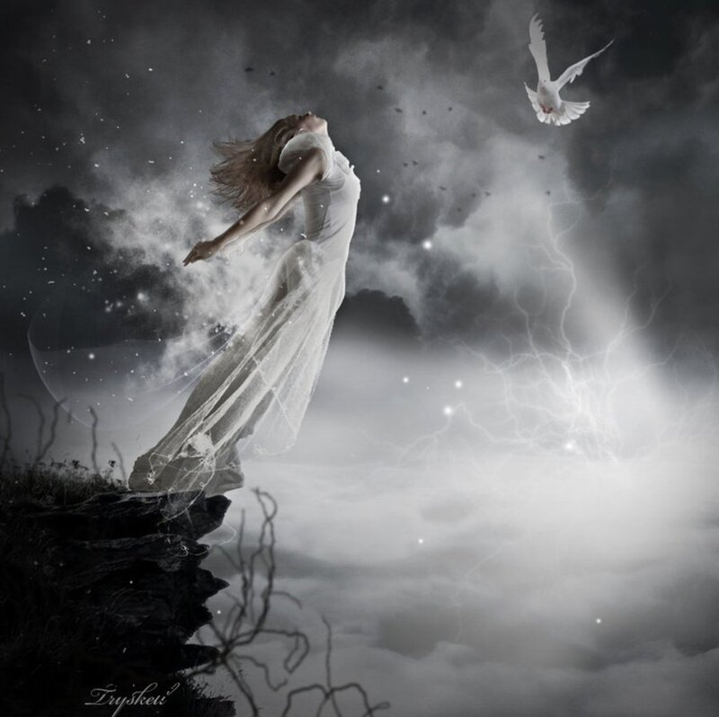 Woman in White Dress — Dramatic, Night, Digital Art, Dove, Lightning