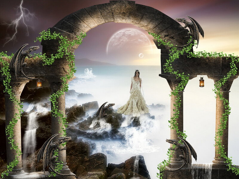 Woman in White Dress — Dramatic, Night, Digital Art, Dragon