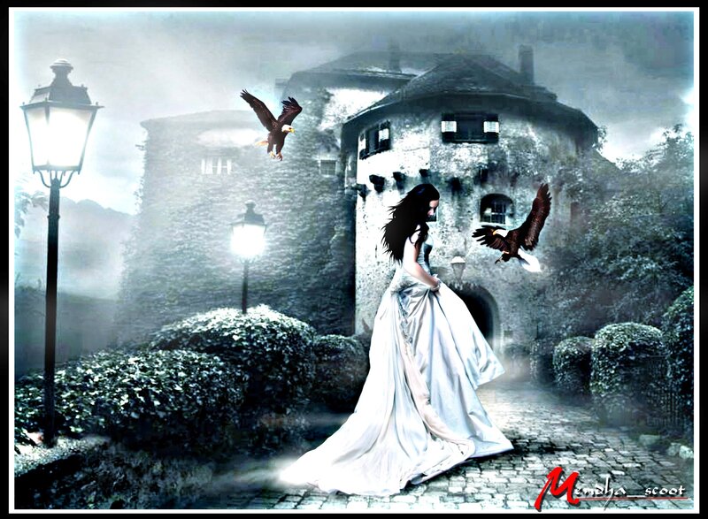 Woman in White Dress — Dramatic, Night, Digital Art, Eagles