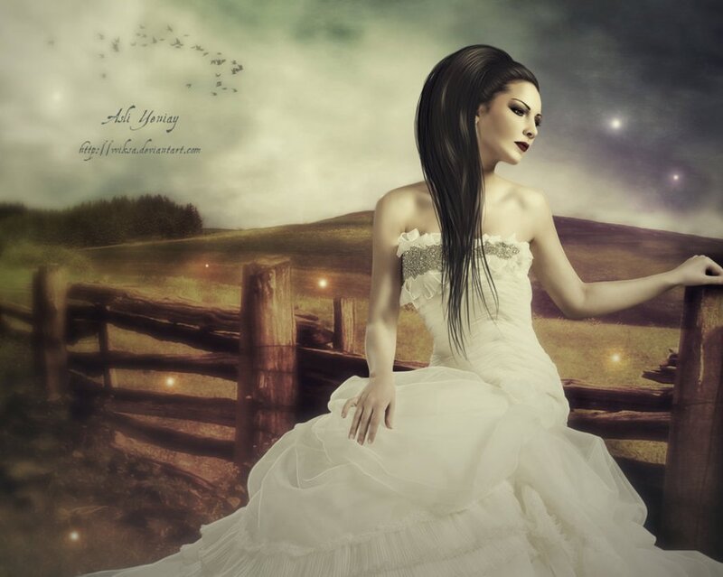 Woman in White Dress — Dramatic, Night, Digital Art, Fence