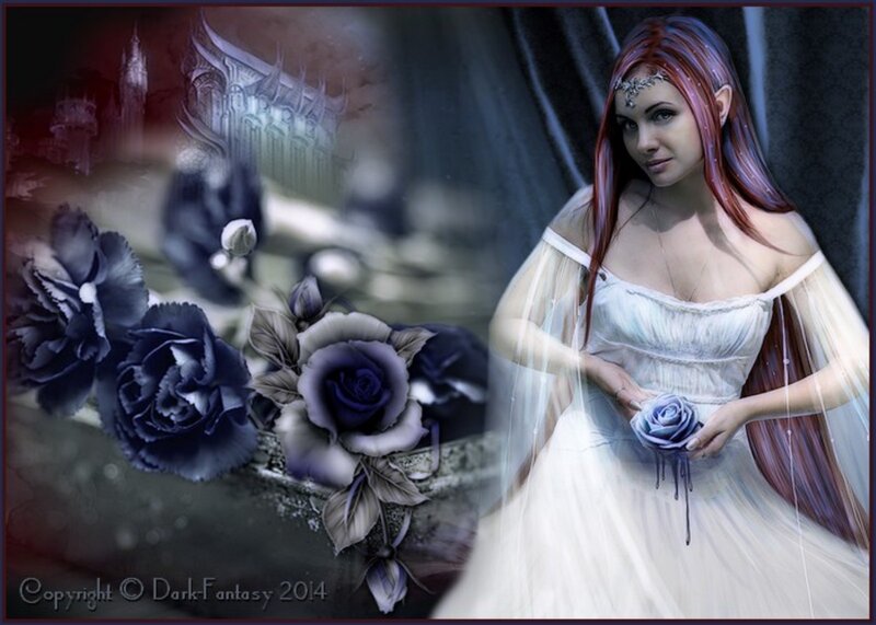 Woman in White Dress — Dramatic, Night, Digital Art, Flowers, Castle