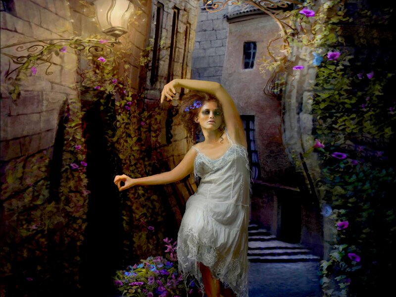 Woman in White Dress — Dramatic, Night, Digital Art, Flowers