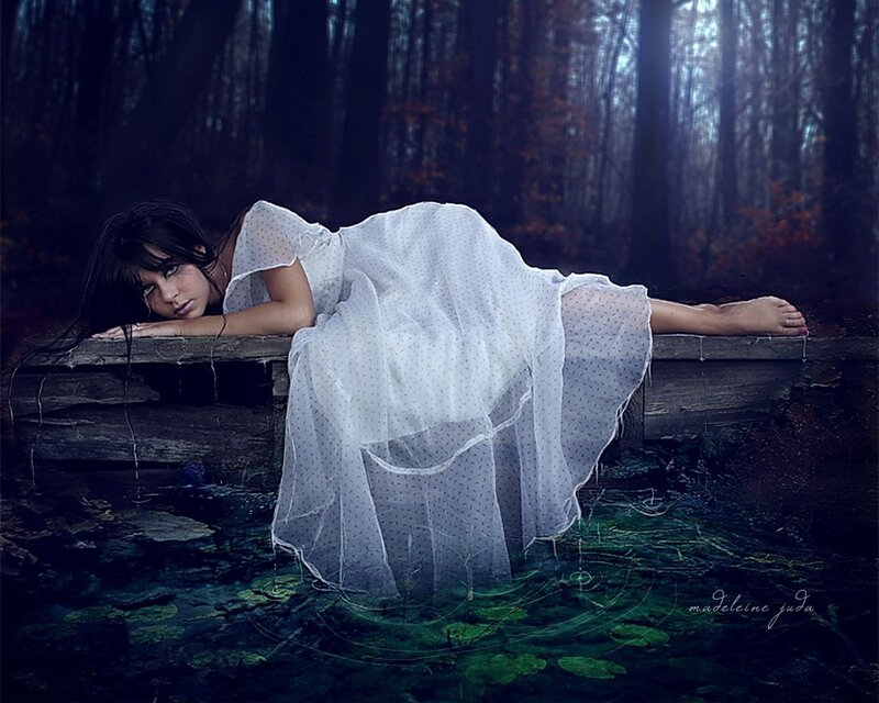 Woman in White Dress — Dramatic, Night, Digital Art, Forest, Pond