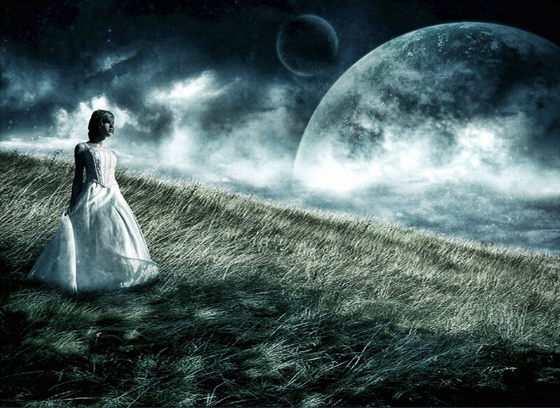 Woman in White Dress — Dramatic, Night, Digital Art, Grass Field, Moon