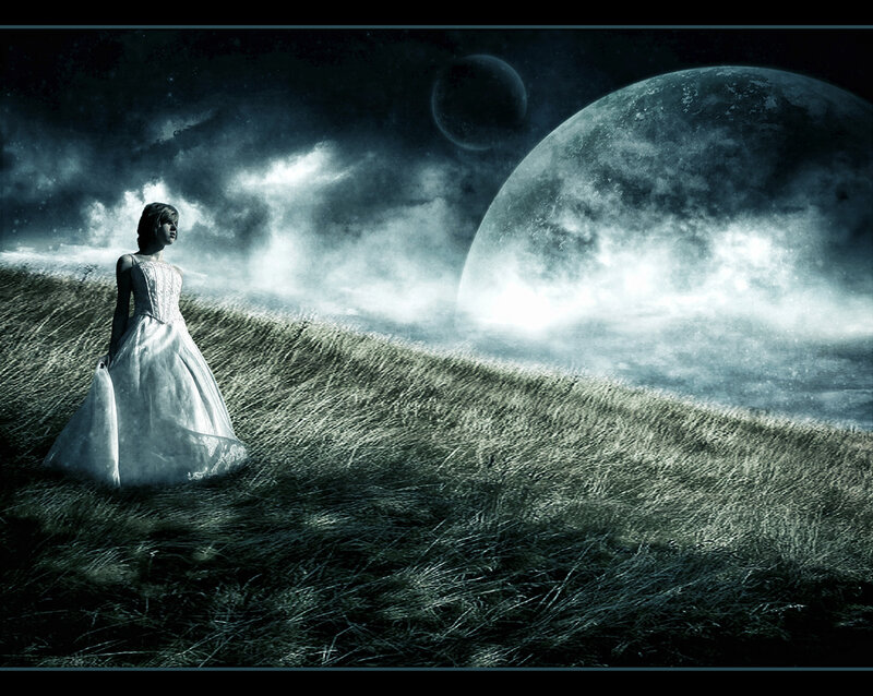 Woman in White Dress — Dramatic, Night, Digital Art, Grass Field