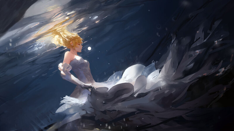 Woman in White Dress — Dramatic, Night, Digital Art, Hair