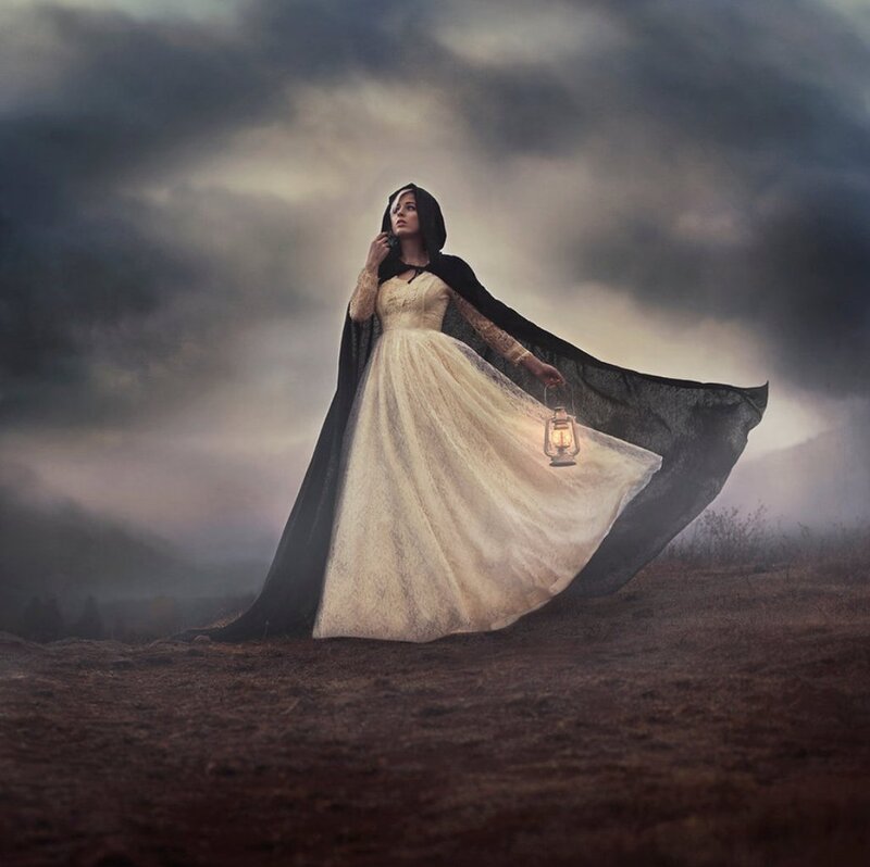 Woman in White Dress — Dramatic, Night, Digital Art, Lantern, Cape