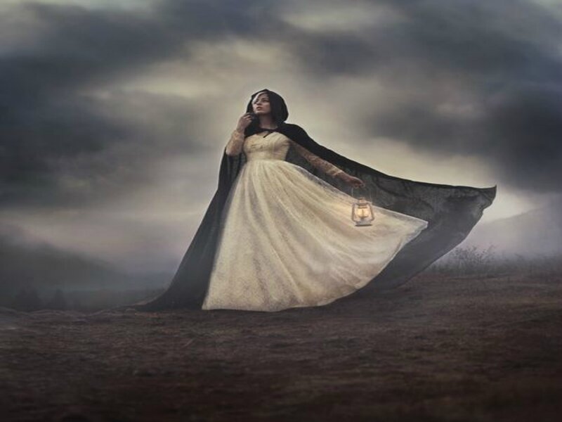 Woman in White Dress — Dramatic, Night, Digital Art, Lantern, Clouds