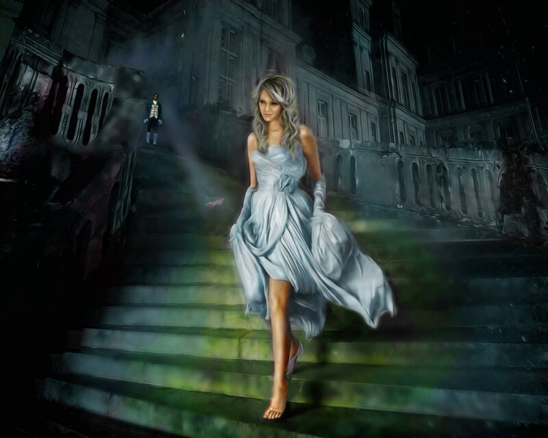 Woman in White Dress — Dramatic, Night, Digital Art, Man, Stairs