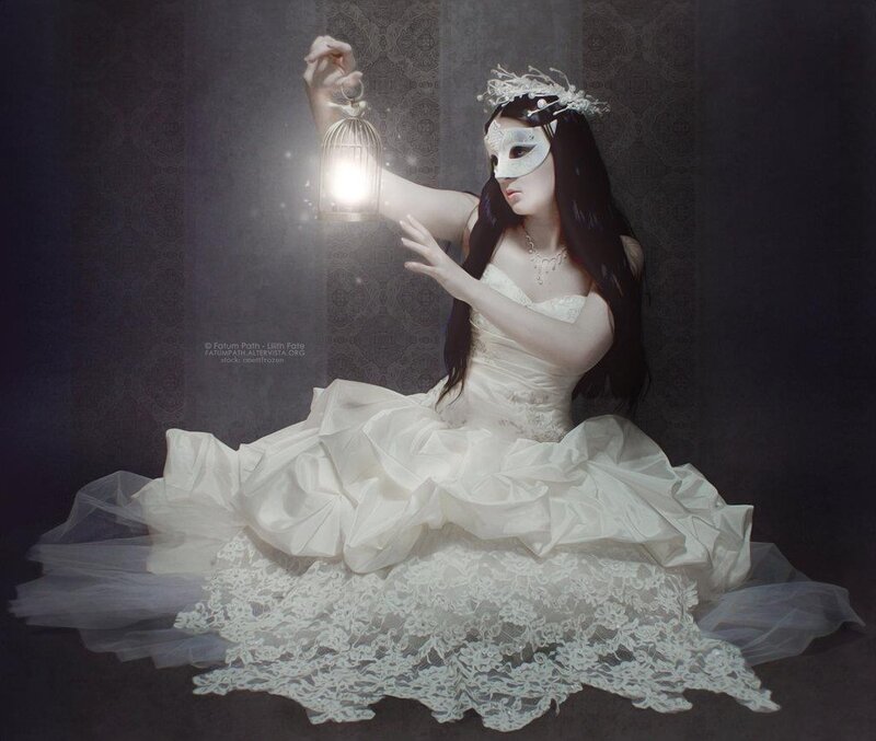 Woman in White Dress — Dramatic, Night, Digital Art, Mask, Lantern