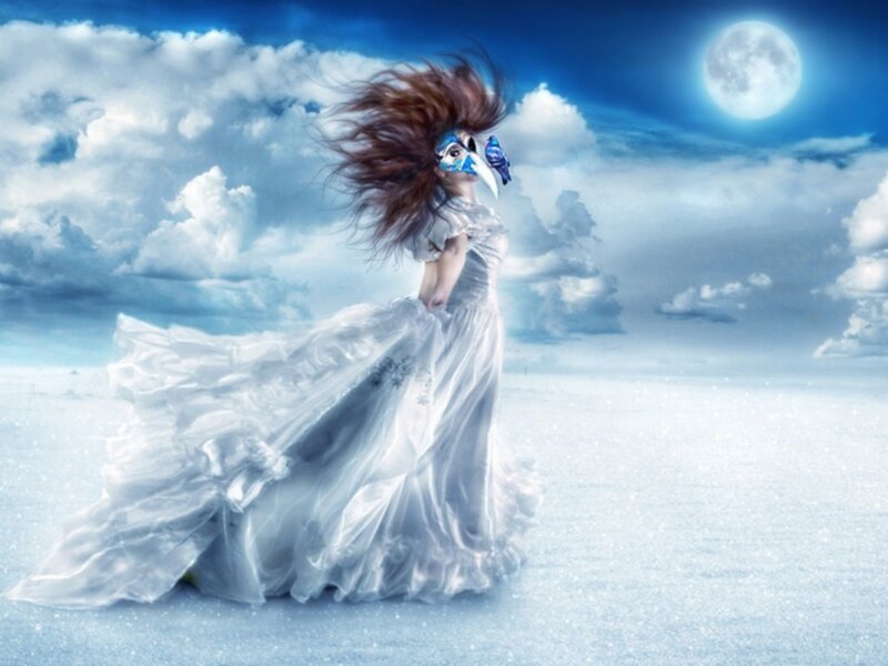 Woman in White Dress — Dramatic, Night, Digital Art, Mask, Moon