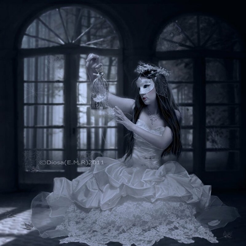 Woman in White Dress — Dramatic, Night, Digital Art, Mask