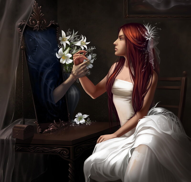 Woman in White Dress — Dramatic, Night, Digital Art, Mirror, Flowers