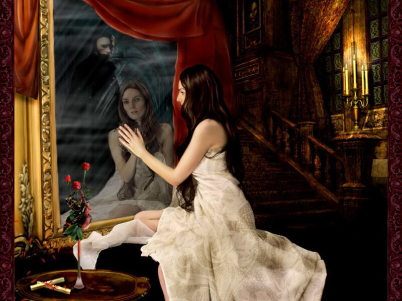 Woman in White Dress — Dramatic, Night, Digital Art, Mirror, Stairs
