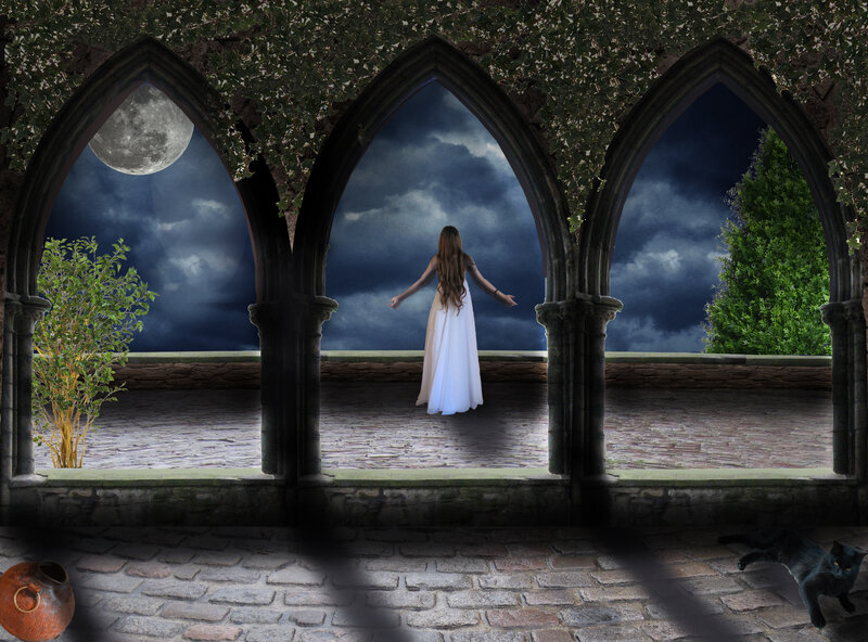 Woman in White Dress — Dramatic, Night, Digital Art, Moon, Black Cat