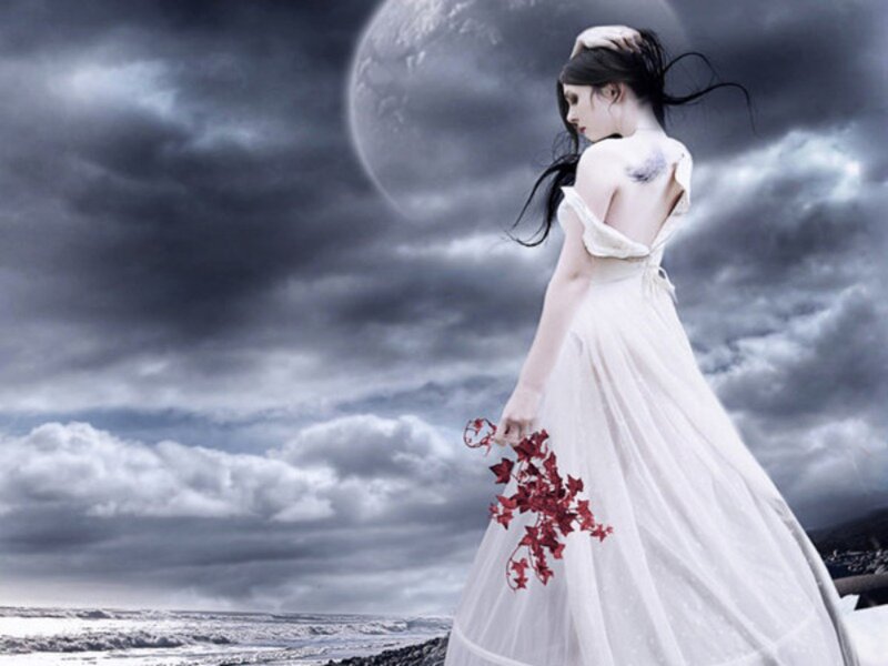 Woman in White Dress — Dramatic, Night, Digital Art, Moon, Clouds, Flowers