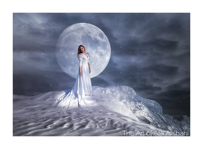 Woman in White Dress — Dramatic, Night, Digital Art, Moon, Clouds, Ice